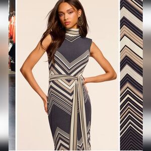Ramy Brook Navy and Cream Chevron Midi Dress
